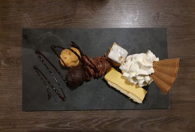 High angle view of chocolate cake on table