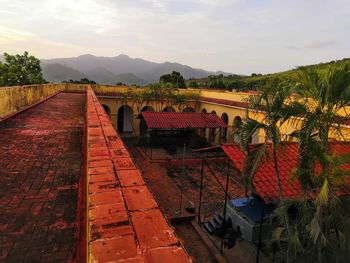 High angle view of bridge against sky during sunset