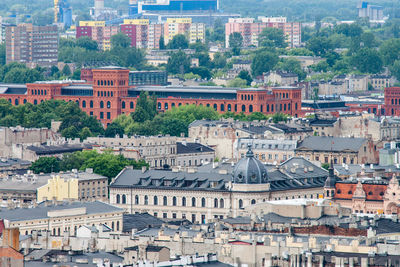 High angle view of buildings in city