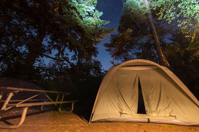 Tent by trees on field at night