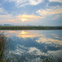 Scenic view of lake against sky during sunset