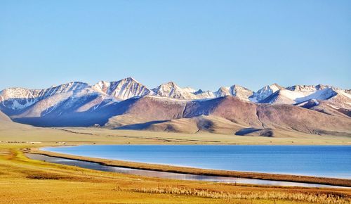 Scenic view of snowcapped mountains against clear blue sky