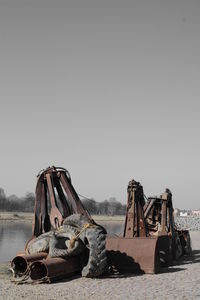 View of abandoned boat against clear sky