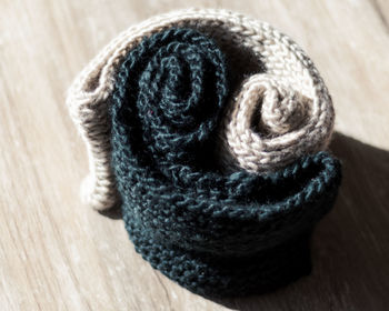 Close-up of woven fabric on table