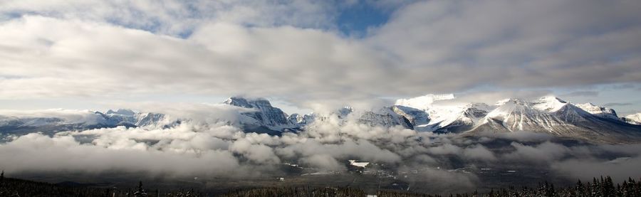 Panoramic view of mountains at banff national park against cloudy sky during winter