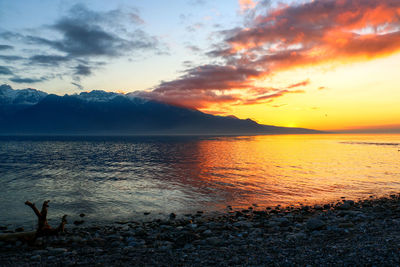 Scenic view of calm lake against mountain range