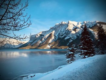 Scenic view of snowcapped mountains and lake against sky