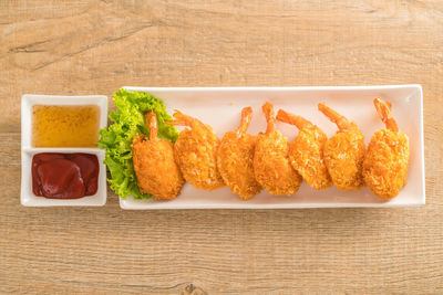 High angle view of food served on table