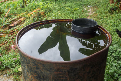 High angle view of water in container on field