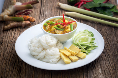 High angle view of vegetables in bowl on table