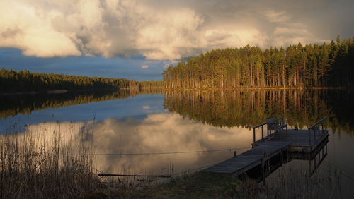 Scenic view of calm lake with trees and clouds reflection