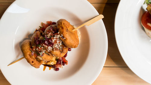 High angle view of dessert in plate on table