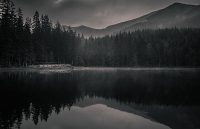 Scenic view of lake by trees against sky