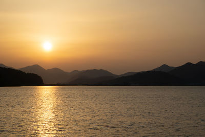 Scenic view of lake against sky during sunset