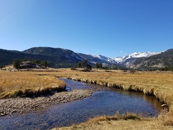 Scenic view of landscape against clear blue sky