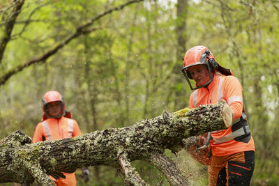 Female lumberjacks cutting log in forest