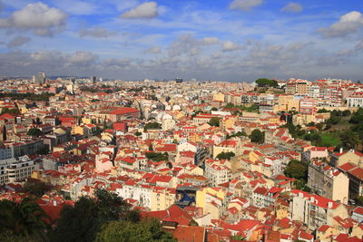 High angle shot of townscape against sky