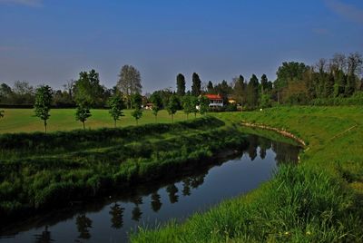 Scenic view of lake amidst field against clear sky