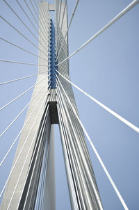 Low angle view of steel cables against clear blue sky