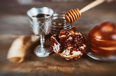 Close-up of dessert served on table