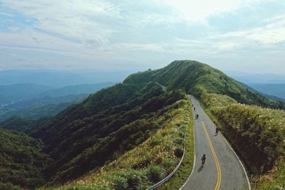 High angle view of people on mountain road