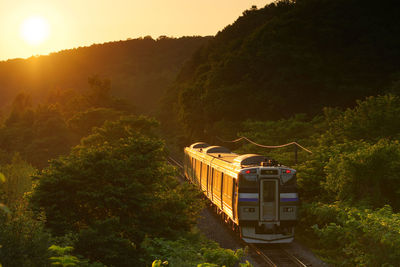 Kiha 201 rapid train niseko liner shining in the setting sun