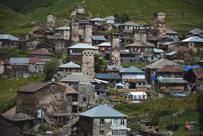 High angle view of buildings in town