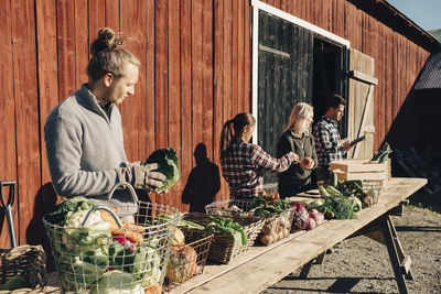 Male and female farmers arranging organic vegetables on table outside barn