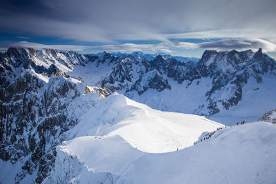 Scenic view of snow covered mountains against sky