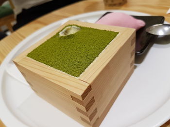 High angle view of bread in plate on table