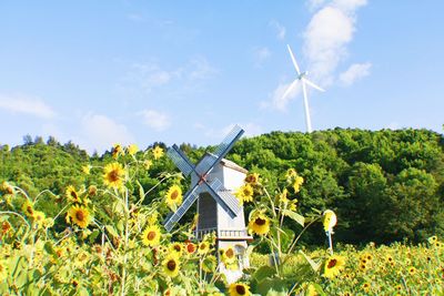 Traditional windmill on field against sky