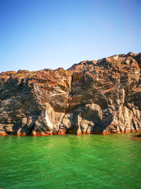 Rock formations by sea against clear blue sky