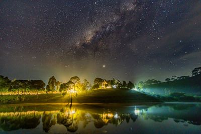 Scenic view of lake against sky at night