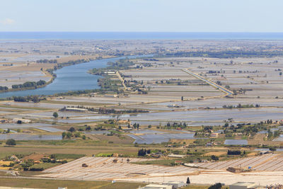 High angle view of agricultural field against sky