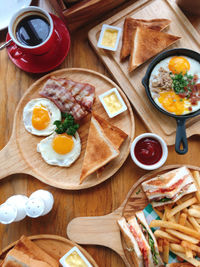 High angle view of breakfast served on table