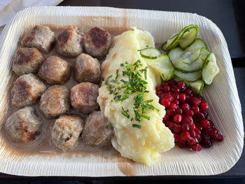 High angle view of food served in plate