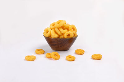 Close-up of breakfast served on white background