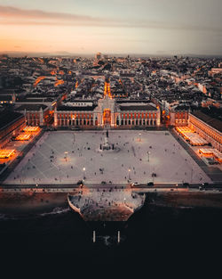 High angle view of city buildings during sunset