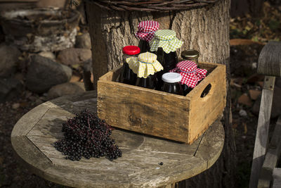 Close-up of strawberries in basket on table