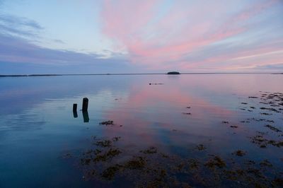 Reflection of clouds in sea at sunset