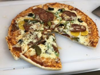 High angle view of pizza in plate on table