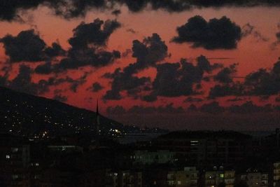 Aerial view of illuminated buildings against sky at sunset