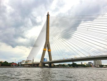 View of suspension bridge against cloudy sky