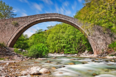 Arch bridge over river in forest against sky