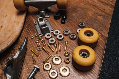 High angle view of work tools on table