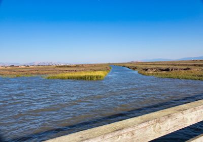 Scenic view of river against clear blue sky