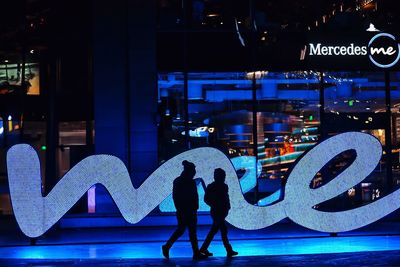 People standing at illuminated city at night