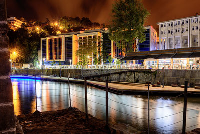 Reflection of illuminated bridge over river in city at night