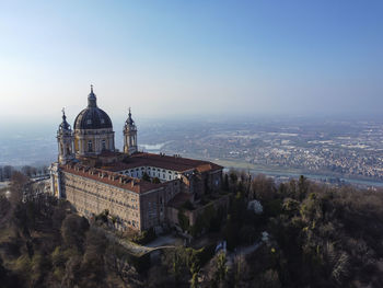 Aerial view of the superga basilica in piedmont