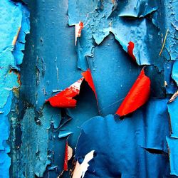 Close-up shot of patches of peeling blue paint with red undersides